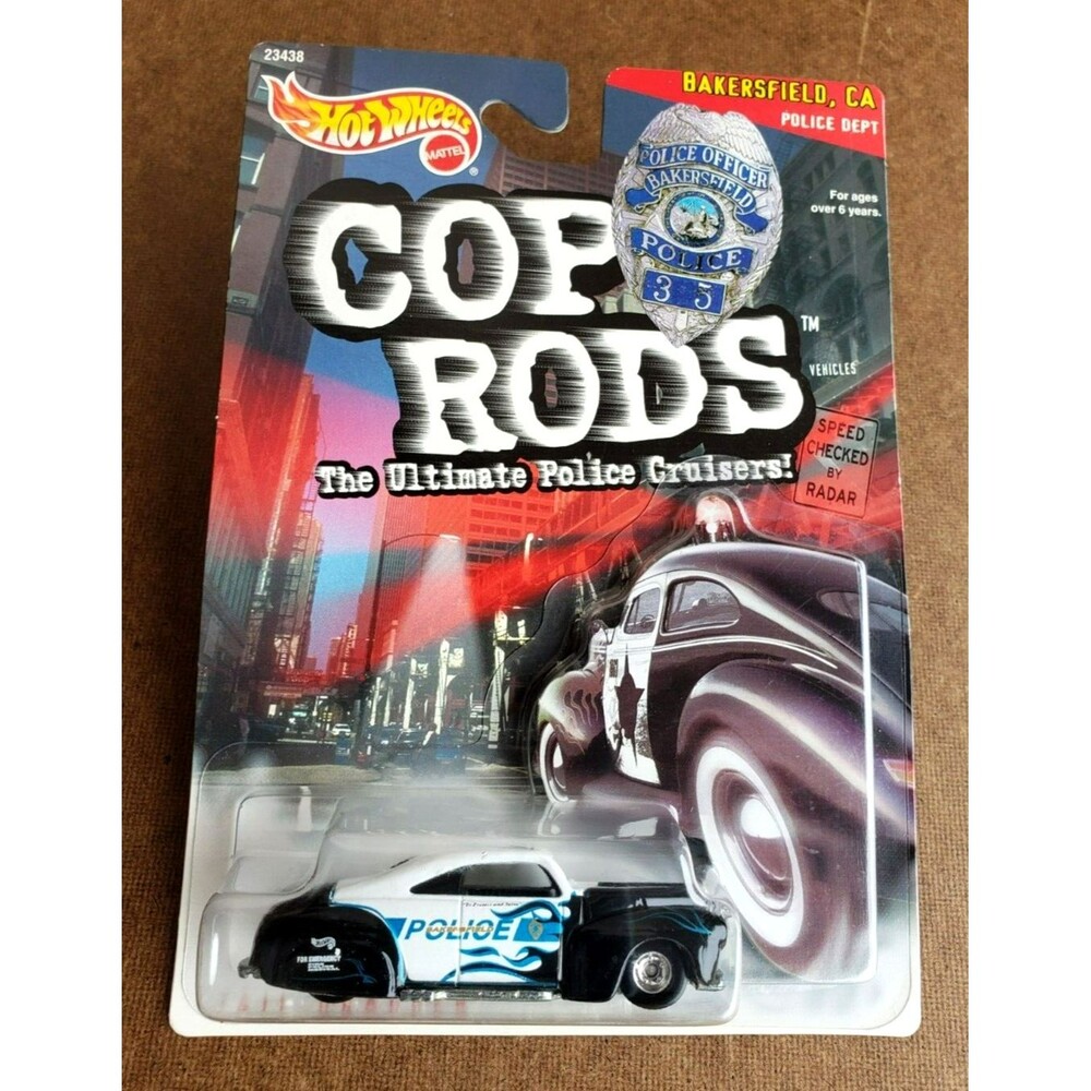 1999 Hot Wheels TAIL DRAGGER White & Back Cop Rods Bakersfield CA Police Cruiser